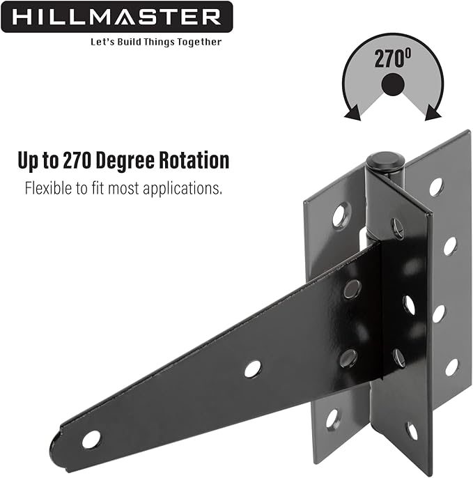 HILLMASTER 6 Inch T-Strap Heavy Duty Shed Door Hinges Gate Strap Hinges Black Tee Hinge Wrought Hardware for Wooden Fences,Yard,Barn Door,Rustproof(2 Pack)