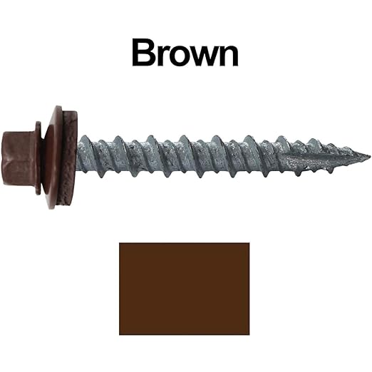 10 x 1-1/2" Brown Metal Roofing Screws - Hex Washer Head- Self-Starting/Tapping - EPDM Washer. 1 x 250 Count Bag - 250 Screws