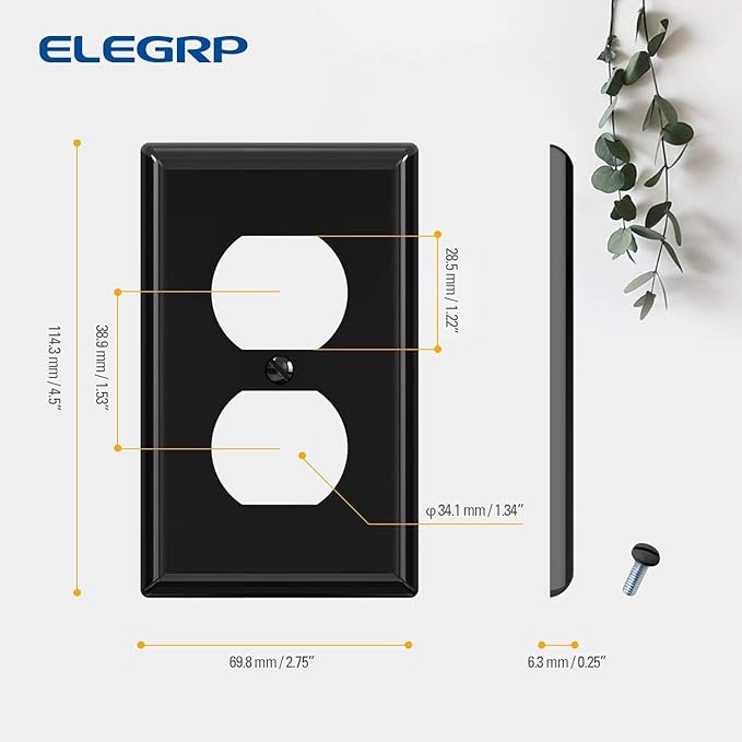 ELEGRP Duplex Receptacle Outlet Covers, 1-Gang Standard Size Wall Plates, Unbreakable Polycarbonate Dual Outlet Faceplates Covers, UL Listed, Color-matched Screws Included (5 Pack, Glossy Black)