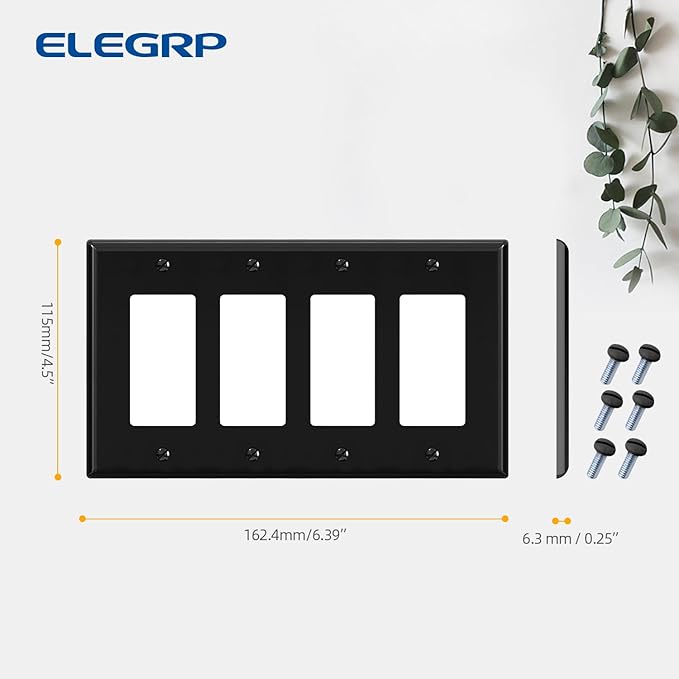 ELEGRP 4-Gang Decorative Wall Plates, Standard Size Unbreakable Thermoplastic Faceplate Cover for Decorator Receptacle Outlet Switch, UL Listed (2 Pack, Glossy Black)