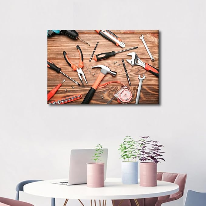 Wooden Table Old Tools Canvas Wall Art Background 1 Panels Tape Measure Pliers Artwork Frameds Modern Pictures for Office Meeting Room Study Decor Ready to Hang for Home Wall Decor ((16"Wx24"H)