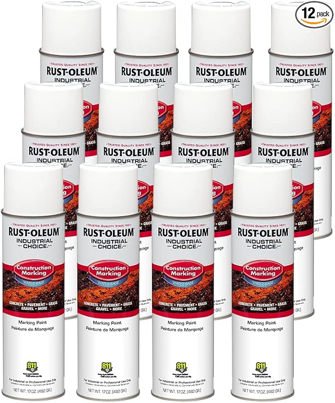 Rust-Oleum 264692-12PK Industrial Choice M1400 System Water-Based Construction Marking Spray Paint, 17 oz, Gloss White, 12 Pack