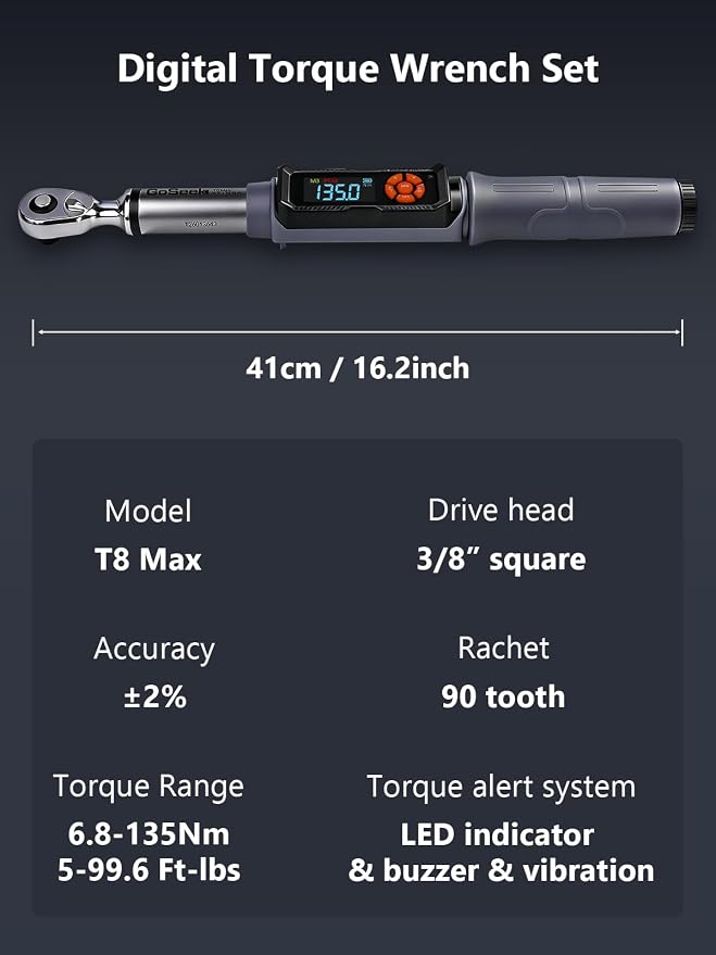 Goseek Upgraded Rechargeable Digital Torque Wrench, 5-99.6 Ft-lbs/6.8-135Nm, 3/8'' Drive Electric Torque Wrench Set with Buzzer & Colorful LED & Vibration for Car Motor Tire Repair