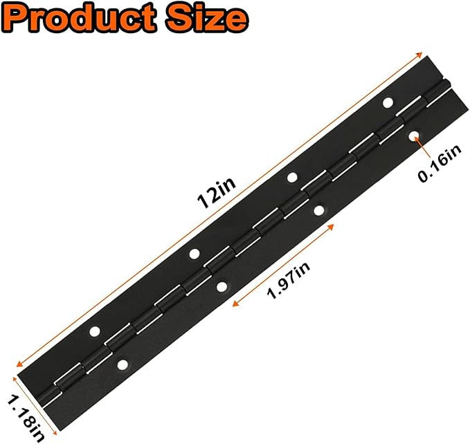 4Pcs 12'' Black Continuous & Piano Hinges, Heavy Duty Stainless Steel 304 Continuous Hinge with Hole for Mailbox, Wood Furniture Tool/Storage Boxes, Cabinets Door, Piano