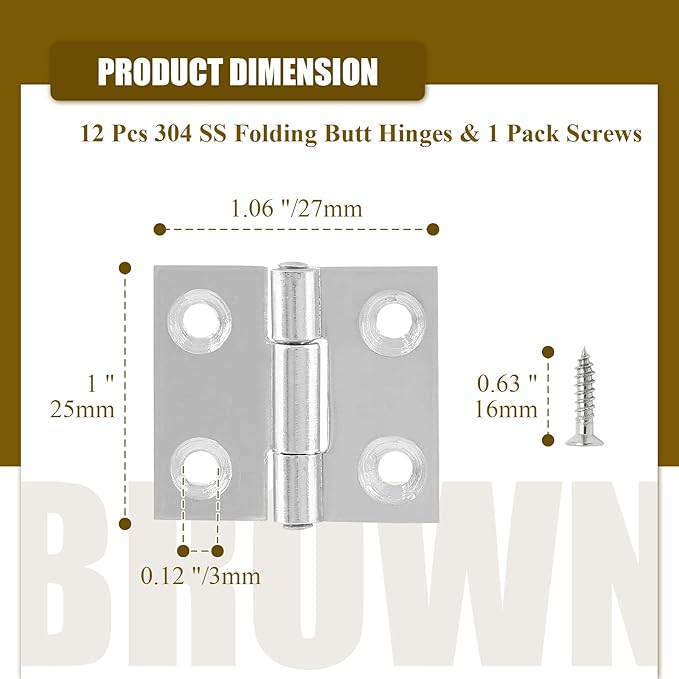 12pcs 1 Inch Butt Hinges, Stainless Steel Cabinet Hinges, Small Door Hinges Window Hinge, Folding Box Hinges for Jewelry, Wooden, Chest Box (Chrome)