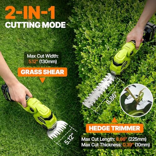 OGERY 21V Cordless Hedge Trimmer & Grass Shears, 2-in-1 Powerful Dual Batteries Electric Bush Trimmer with 8.9” Hedge Blade & 5.1” Grass Trimmer, Adjustable Angle, Lightweight for Garden & Lawn Care
