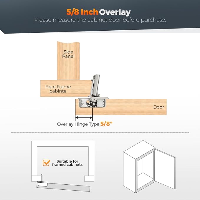 50 Pack (25 Pairs) 5/8" Overlay Soft Close Cabinet Hinges, Satin Nickel Stainless Steel Concealed Hinges with 3D Self-Closing for Face Frame Doors & Kitchens
