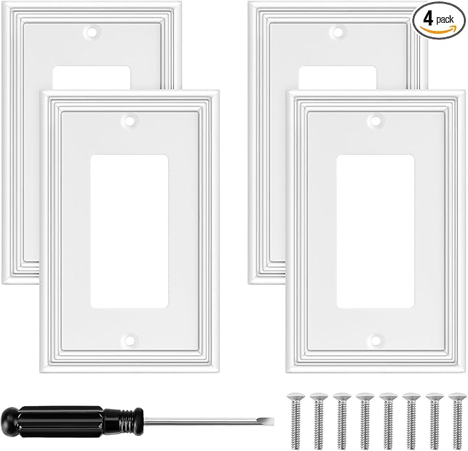 White Modern Decorative Wall Plate Light Switch Cover Decorator Outlet Covers Rocker Switch Plates Bamboo Fiber Material Wall Plates for Kitchen Bathroom (1 Gang Single Decorator-4 Pack)