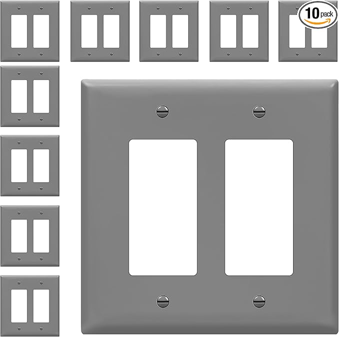 ENERLITES Double Decorator Switch Cover, Two Gang Outlet Wall Plate, Gloss Finish, Mid-Size 2-Gang 4.88" x 4.92", Unbreakable Polycarbonate Thermoplastic, UL Listed, 8832M-GY-10PCS, Gray, 10 pack