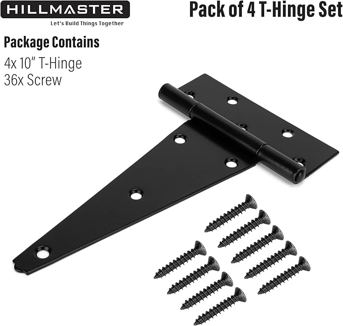 HILLMASTER 10 Inch T-Strap Heavy Duty Shed Door Hinges Gate Strap Hinges Black Tee Hinge Wrought Hardware for Wooden Fences,Yard,Barn Door,Rustproof (4 Pack)