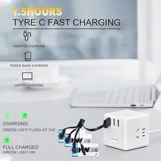 HW Rechargeable 123 Batteries [3V, 16-Pack] 2800mWh Long-Lasting 123a Lithium Battery 1000+ Cycles with 4 in 1 USB-C Cable for Cameras, Flashlight