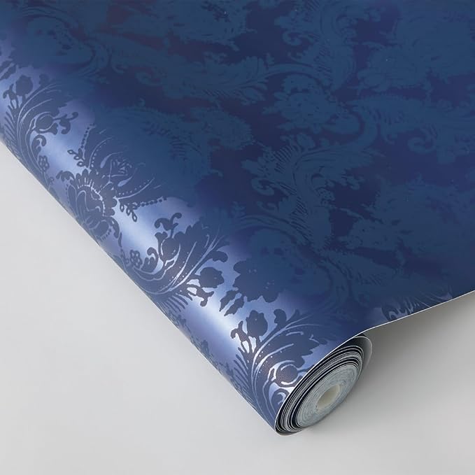 Tempaper Textured Metallic Blue Damsel Removable Peel and Stick Damask Wallpaper, 20.5 in X 16.5 ft, Made in the USA