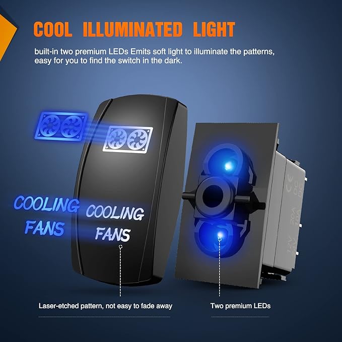 Nilight Cooling Fans Rocker Switch Led Light Bar 5Pin Laser On Off SPST switches 20A/12V 10A/24V Blue with Jumper Wires Set for Cars Trucks RVs