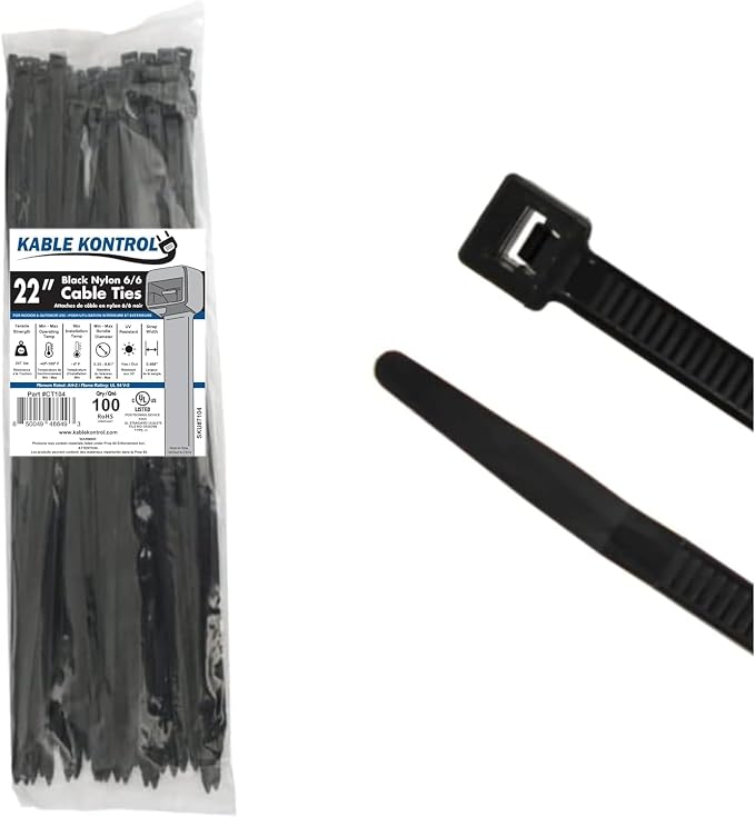 Kable Kontrol Heavy Duty Cable Zip Ties 100 Pcs 22 Inch Black, 250 Lbs Tensile Strength, Self-locking UV Resistant Plastic Nylon Wire Ties, for Indoor or Outdoor Use
