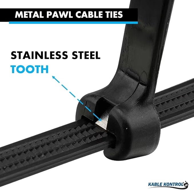 Kable Kontrol Metal Pawl Cable Ties, 18 Inch 100 Pcs, 120 Lbs Test – Black | Metal Tooth, Stainless Steel Toothed Self-Locking Ties, UV Resistant Steel Barb Zip Ties for Indoor & Outdoor Use