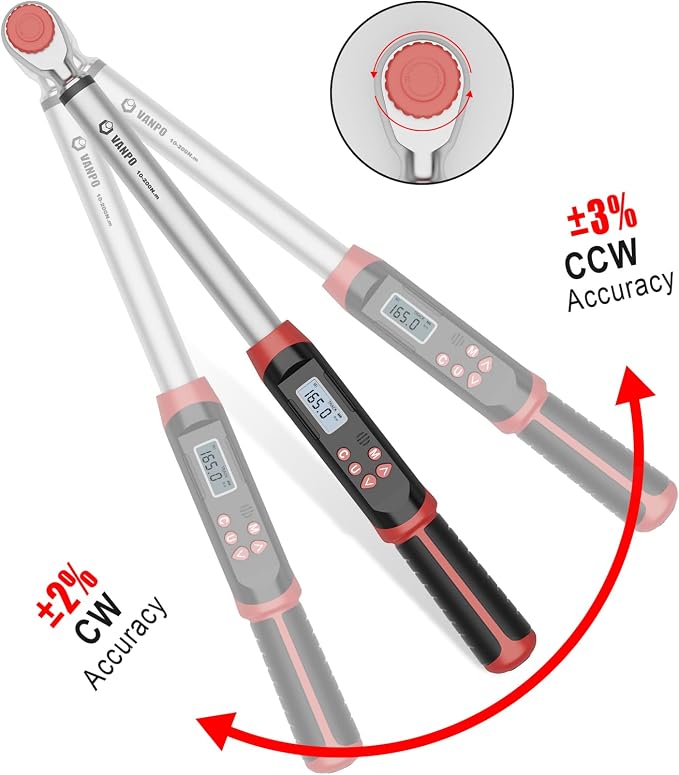 VANPO Digital Torque Wrench 1/2-Inch Drive 7.38-147.5ft-lbs/10-200NM, Dual-Direction Adjustable Electronic Torque Wrench with Preset Value, Buzzer and LED Flash Notification, for Bike Moto Car