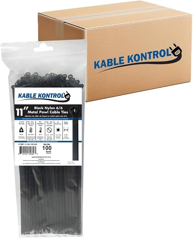 Kable Kontrol Metal Pawl Cable Ties 11 Inch 8000 Pcs, 50 Lbs Test – Black | Metal Tooth, Stainless Steel Toothed Self-Locking Ties, UV Resistant Steel Barb Zip Ties for Indoor & Outdoor Use