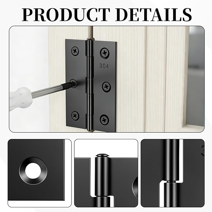 JJUNW 6 Pcs 3 Inch Black Door Hinges, Stainless Steel Folding Butt Hinge with 36 Screws, Cabinet Hinges Small Hinge Hardware for Door, Furnitures, Cabinet,Cupboard, Dressers