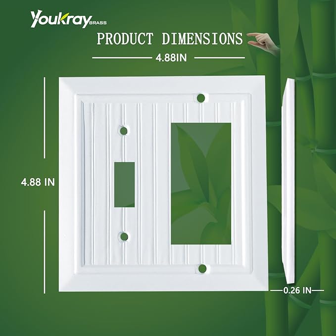 Pure White Classic Beadboard Wall Plates,Light Switch Covers,Electrical Outlet Covers, Switch Plates of Various Combination, Nature Bamboo Fiber Wall plate (2 Gang Toggle/Decorator 2 Pack)