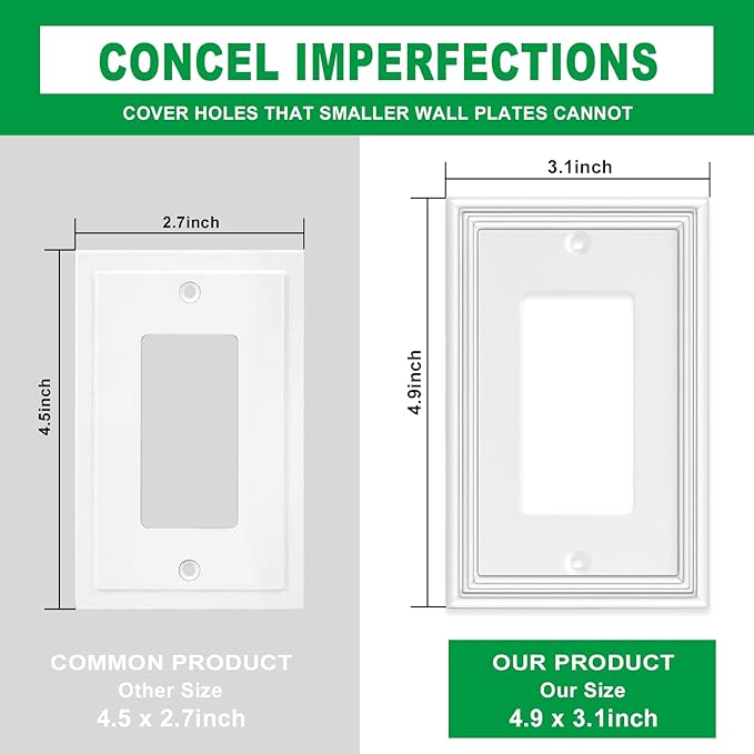 White Modern Decorative Wall Plate Light Switch Cover Decorator Outlet Covers Rocker Switch Plates Bamboo Fiber Material Wall Plates for Kitchen Bathroom (1 Gang Single Decorator-4 Pack)