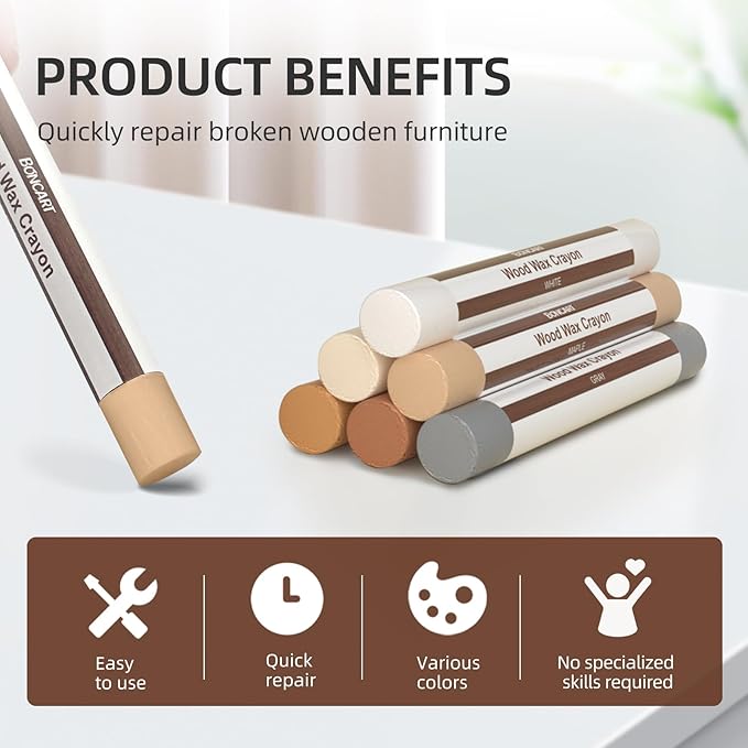 Boncart Wood Filler Sticks,6 Colors Wood Wax Crayons,Easy Repair Scratches, Scuffs, Cracks and Nail Holes on Wood Furniture, Floors, Cabinets, Tables, and Doors