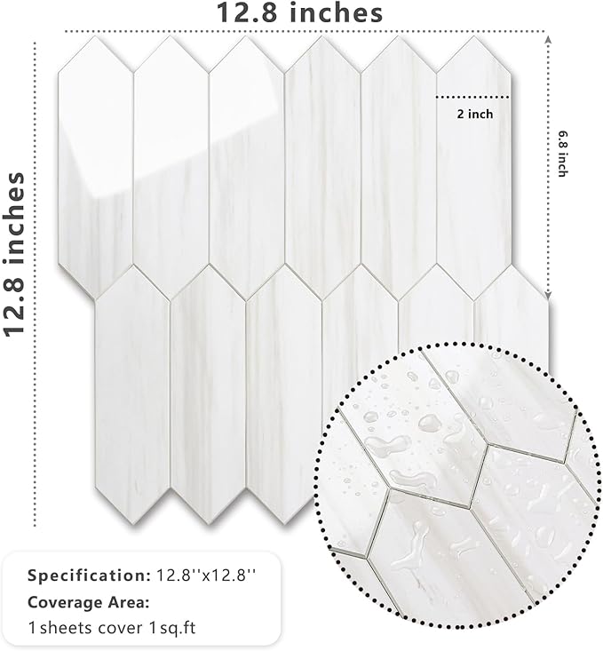 Vamos Tile 1 Sheet Glossy Dolomite White Backsplash Tile Peel and Stick, 12.8 x 12.8 Inch Long Hexagon PVC Self Adhesive Mosaic Wall Tiles Stick on Backsplash for Kitchen and Bathroom