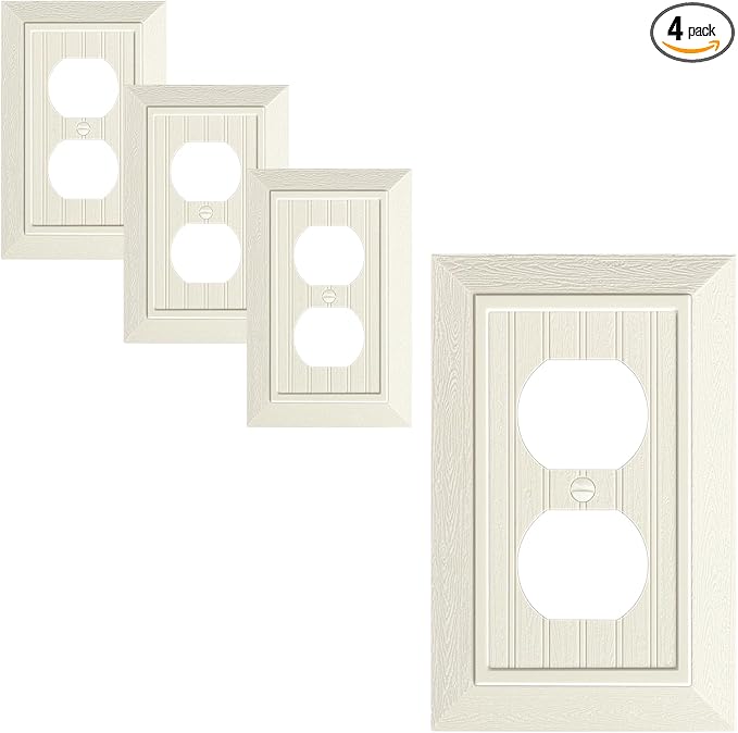 4-Pack Classic Beadboard Duplex Outlet Cover Plate, Decorative Unbreakable Polycarbonate Switch Plates and Outlet Covers, Light Almond Wall Plates for Electrical Outlets, 1 Gang Receptacle Cover