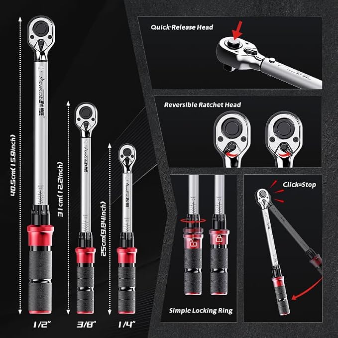 6-Piece Click Torque Wrench Set, 1/4", 3/8" & 1/2" Drive, ±3% | 4-20, 5-45, 15-165 Ft.lb Dual-Direction Torque Wrenches, 72-Tooth Ratchet with Extension Bars for Bicycle, Motorcycle & Auto
