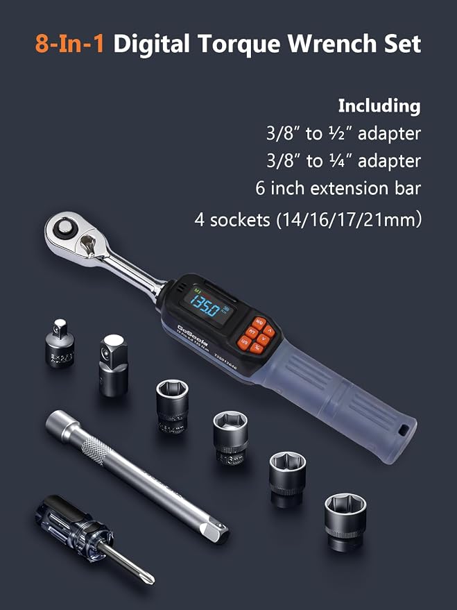 Goseek Digital Torque Wrench 3/8" Drive, 5-99.6Ft.Lb for Engine, Moto, Bike | 90Tooth Dual Direction Rachet Torque Wrench, ±2% Accuracy with LED/Buzzer Alert, Electronic Torque Wrench for Car, Suspension