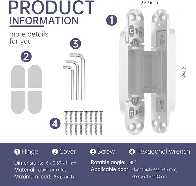 6" 2 pcs Hidden Hinges for Doors Invisible Hinges Concealed Zinc Alloy 180 Degree Swing 3 Way Adjustable Butt Silent Door Hinge 6 x 2.5 x 1 inch (White)