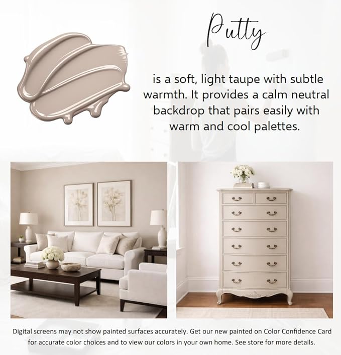 ALL-IN-ONE Paint by Heirloom Traditions, Putty (Light Taupe), 8oz Sample - Durable cabinet and furniture paint. Built in primer and top coat, no sanding needed. Includes our 30 featured color card.