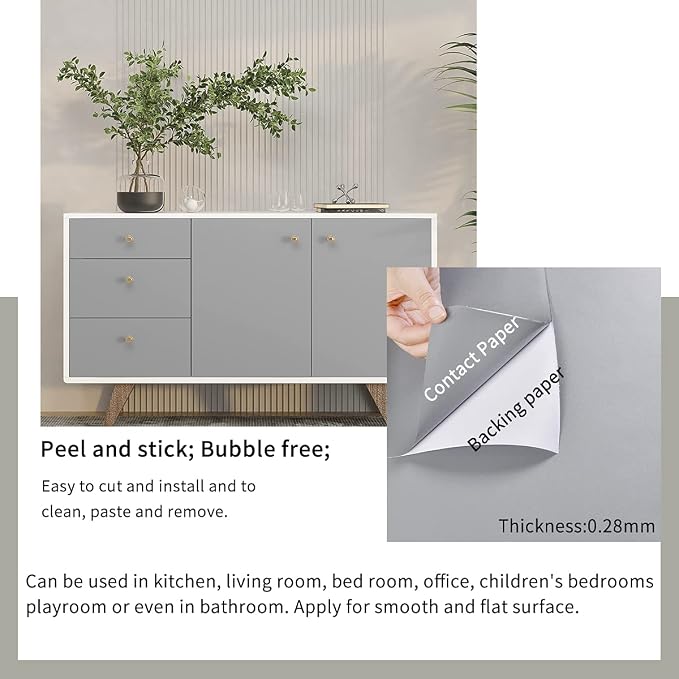 FUKU MON 24"x394" Grey Wallpaper Matte Solid Gray Contact Paper Self-Adhesive Peel and Stick Thick Removable Texture Wallpaper for Bedroom Cabinets Livingroom(Ligth Gray)