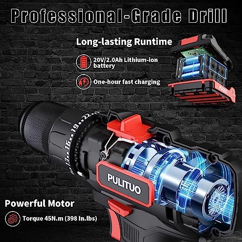 PULITUO Cordless Drill Set, 20V/2.0Ah Electric Power Drill, Torque 45N.m, 25+1 Torque Setting,1/2” Keyless Chuck, 2 Variable Speed Setting, with 43 PCS Bits, Storage Bag