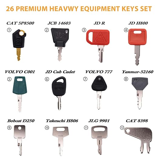 26-Piece Heavy Equipment Key Set: Universal Master Keys Compatible with CAT, John Deere, Komatsu, Kubota, Case, Yanmar. Durable Ignition Keys for Construction.
