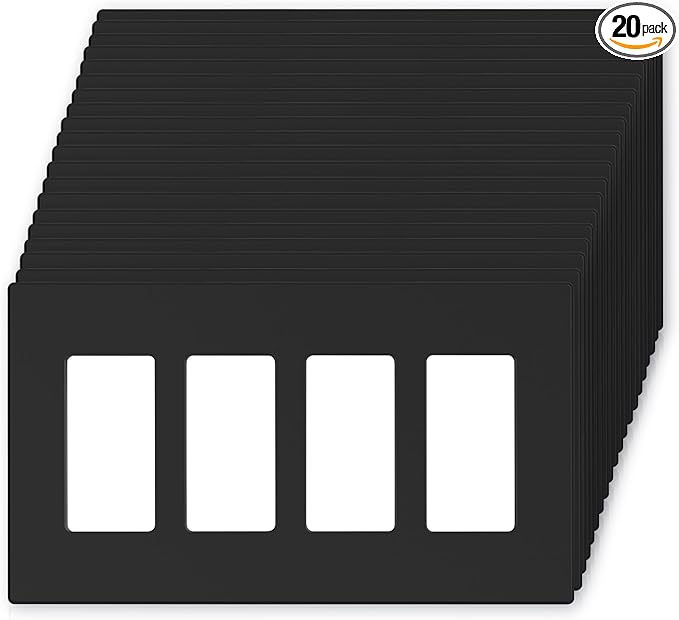 ELEGRP 4-Gang Screwless Decorative Wall Plates, Mid-Size Unbreakable Thermoplastic Faceplate Cover for Decorator Receptacle Outlet Switch, UL Listed (20 Pack, Matte Black)