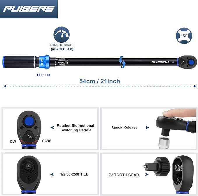 Torque Wrench 1/2 drive, 30-250 FT.LB/40.7-339 Nm, Dual-Direction Adjustable 1/2 Torque Wrench, 72-Tooth Click Dual Range Scales Wrenches for Car, Truck,Tractor