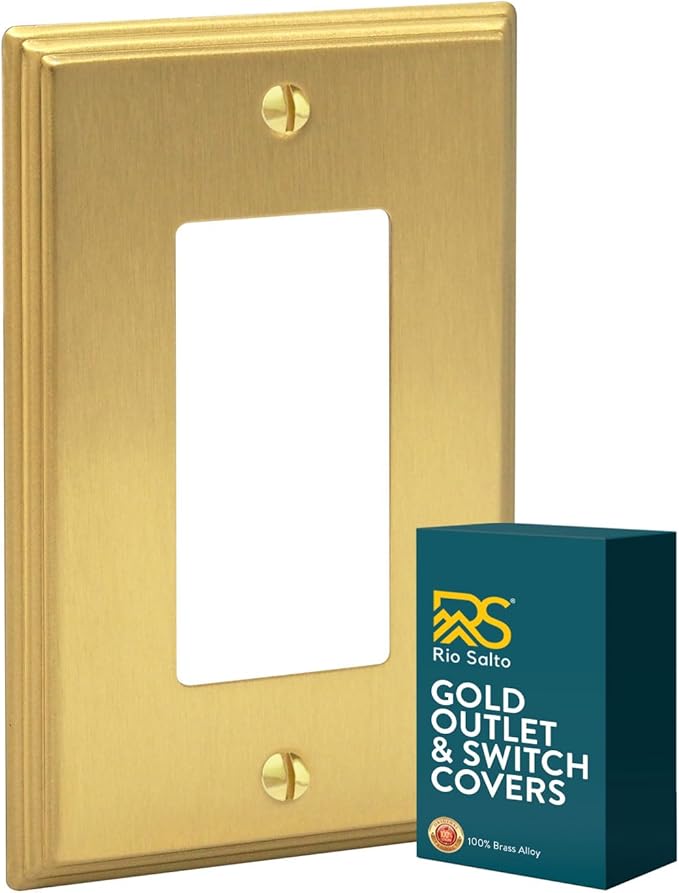 Rio Salto BRASS Modern Metal Gold Light Switch Wall Plate or Outlet Cover Wall Plate Single Receptacle Wallplate Rocker Covers 1 Gang Decoration Brushed Brass 4.50" x 2.76" Standard Size