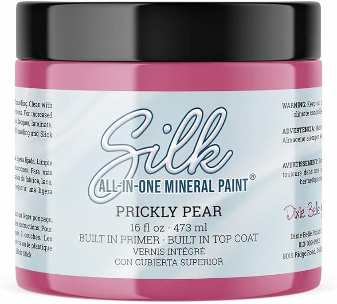Dixie Belle Silk All-in-One Mineral Paint - Prickly Pear (16oz) - Deep Cool Pink Water Based Built-In Primer + Topcoat for Wood + Metal - Furniture Paint - Low Reflective Finish