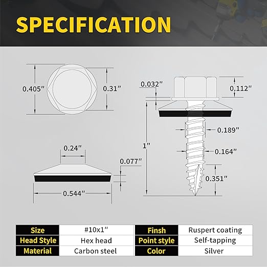 Metal Roofing Screws #10 × 1", 300 PCS, FIXLINK RUSPERT Hex Head Rubber Washer Sheet Metal Roof Screws Self Tapping Metal to Wood Siding Screws, Hex Socket Included, Silver
