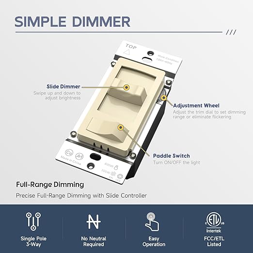 ECOELER Dimmer Electrical Light Switch, Single-Pole or 3 Way Full Range Dimming Decora Wall Switches for LED Light/CFL/Incandescent, Wall Plate Included, ETL Listed, Ivory, 4 Pack