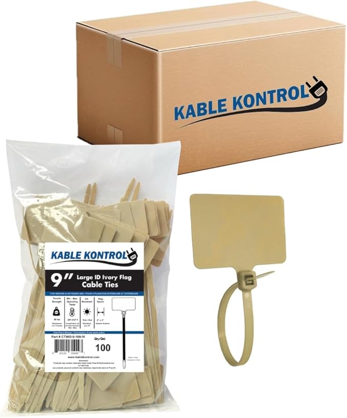 Kable Kontrol Cable Marker Identification Zip Ties 9 Inch 1000 Pcs – Ivory | Large ID Flag Label Straps, Self-Locking Write on Tags for Ethernet, Power, and Cord Labeling