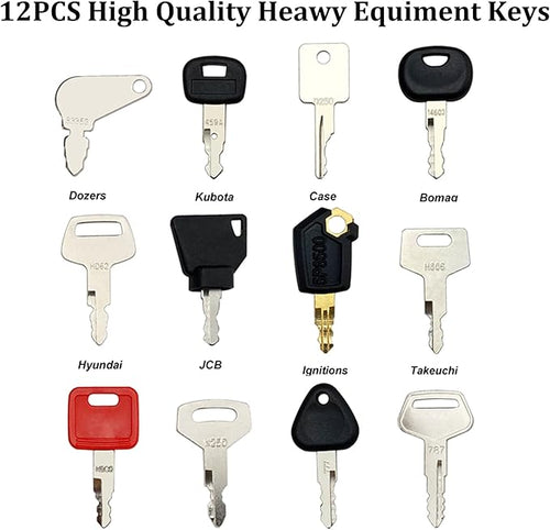 12 Heavy Construction Equipment Ignition Key Set for Caterpillar Case JD Hyster Komatsu Hitachi JCB Takeuchi Kubota Hyundai Kobelco Volvo, Comes with Keychain, Wrist Strap