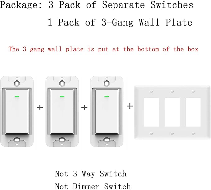 Lesim Smart 3 Gang WiFi Light Switch, 2.4GHz, Compatible with Alexa, Google Home, White, Push Button, Automatically/Smart Switch Operation