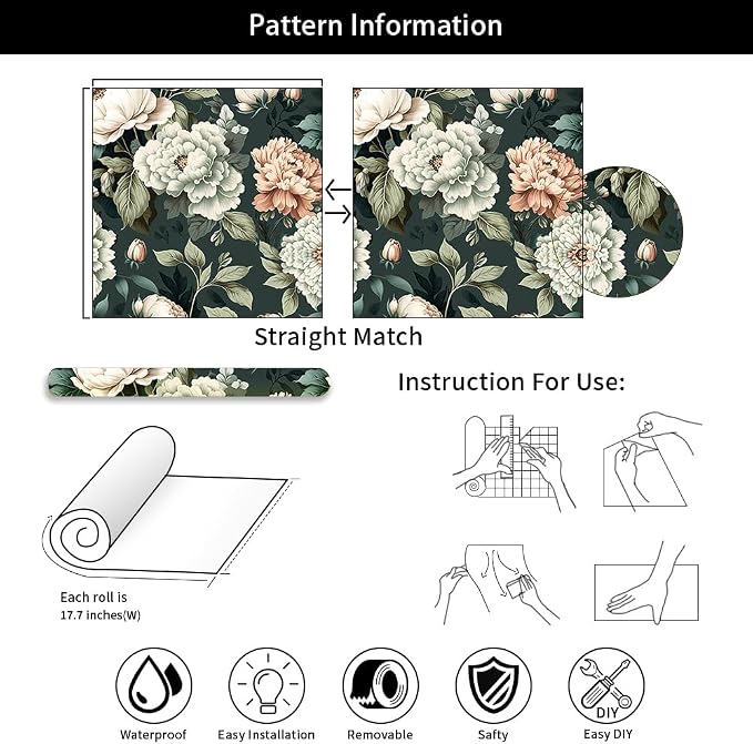 Dark Green White Peonies Vintage Floral Peel and Stick Wallpaper Wall Decor Self Adhesive Wall Paper Stick on Easy Peel Off Contact for Renter Apartment