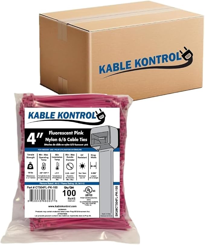 Kable Kontrol Cable Zip Ties, 4 Inch, 40000 Pcs, 18lbs Test, FL Pink | Nylon Plastic, Self Locking, UL Listed, Indoor Use