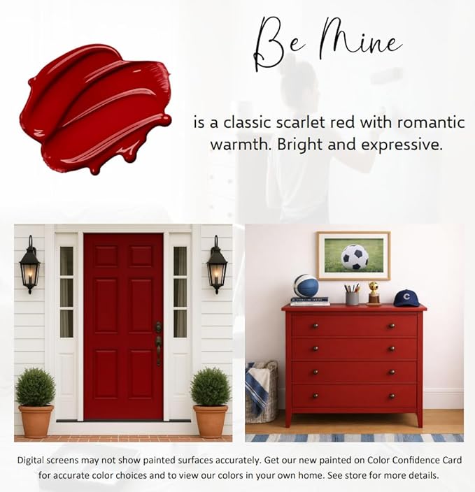 ALL-IN-ONE Paint by Heirloom Traditions, Be Mine (Scarlet Red), 8oz Sample - Durable cabinet and furniture paint. Built in primer and top coat, no sanding needed. Includes our 30 featured color card.