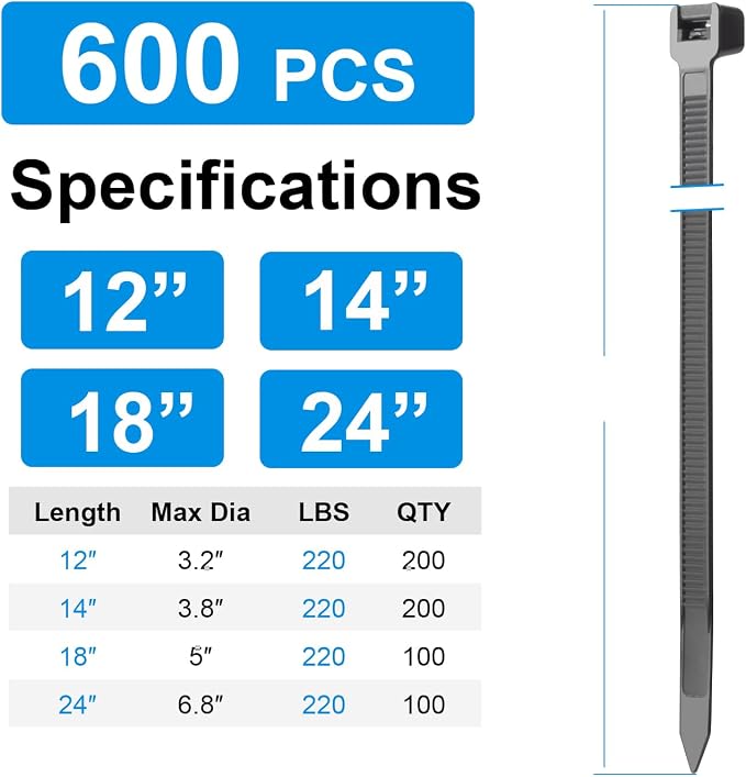 XINGO 600 Pack White Zip Ties Heavy Duty Assorted Sizes, 12"+14"+18"+24",220LBS Ultra Strong Plastic Wire Ties, Large Cable Ties Extra Long Tie Wraps For Indoor and Outdoor Use