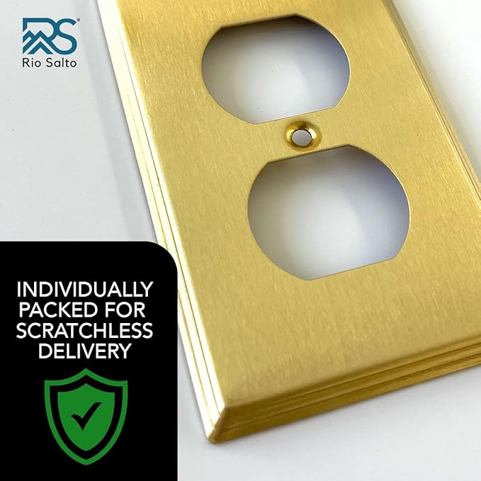 Rio Salto BRASS Brushed Brass Gold Metal Duplex Receptacle Wall Plate Outlet Covers Light Switch Cover Plate – Deco Collection Decorative Wall Plates 10-Pack Standard Size 4.50" X 2.75"