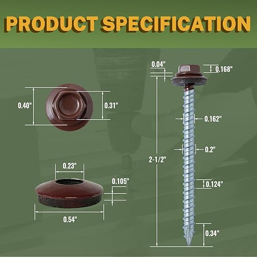 LIONMAX Metal Roofing Screws #10 × 2-1/2 Inch, 300-PCS, Brown Painted Hex Head Sheet Metal Roof Screws, Rubber Washer, Sharp Point, Metal to Wood Siding Screws, Hex Socket Included