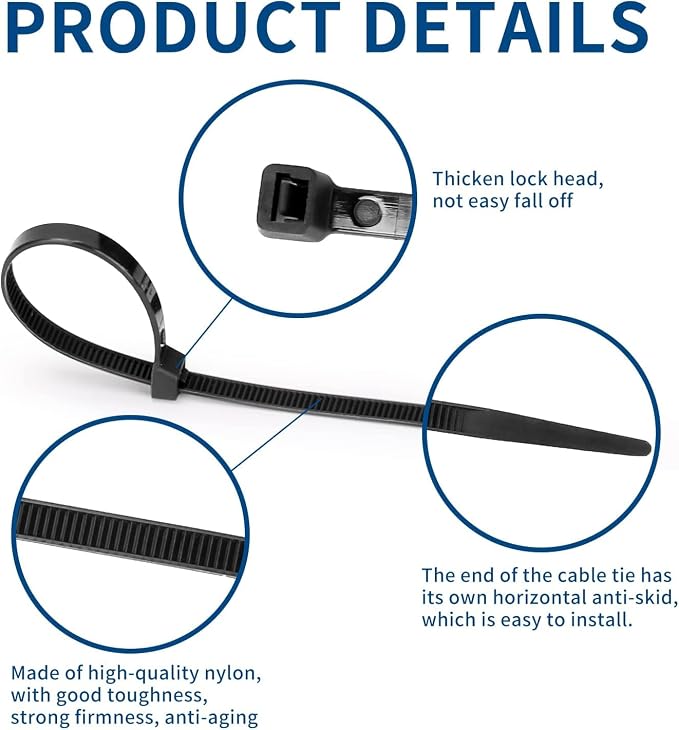 Black Zip Ties 12 Inch Heavy Duty 120 lb Tensile Strength, 0.3" Thick Nylon 66 Cable Ties, UV Resistant Self Locking Wire Ties for Outdoor Use, Bulk 1000 Pack ﻿